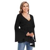 Black All-Over Print Women's V-neck Blouse With Flared Sleeves