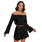 Black All-Over Print Women's Off-shoulder Top And Skirt Set