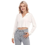 White All-Over Print Women's V-neck Lapel Long Sleeve Cropped T-shirt