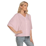 Pink All-Over Print Women's Bat Sleeve Light V-neck Front Buttoned Top