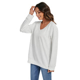 White All-Over Print Women's V-neck Imitation Knitted Sweater With Long Sleeve