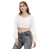 White All-Over Print Women's V-neck Long Sleeve Cropped Sweatshirt