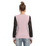 Pink All-Over Print Women's T-shirt And Sleeve With Black Lace