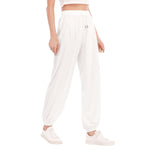 White All-Over Print Women's Loose Striped Trousers With Waist drawstring