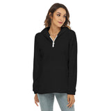 Black All-Over Print Women's Borg Fleece Hoodie With Half Zip