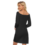 Black All-Over Print Women's Off-shoulder Long Sleeve Dress